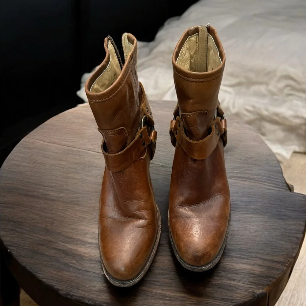 Frye Brown Leather Harness Ankle Boots